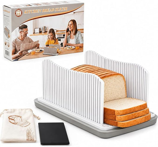 Bread Slicer for Homemade Bread, Adjustable Width Bread Loaf Slicer with Crumb Tray, Bread Bag & Silicone Mat, Foldable Bread Cutter for Even Slices for Loafs, Sandwiches, Bagels & Cakes