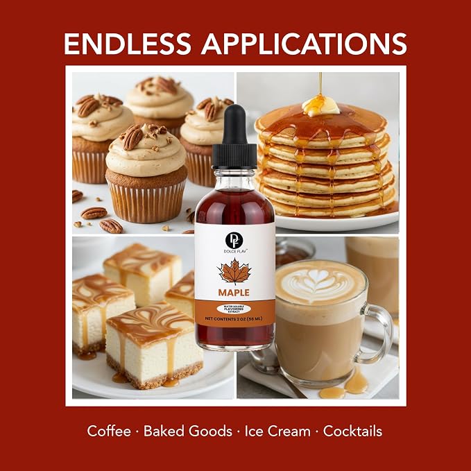 Dolce Flav Maple Extract - 2 Ounce Water-Soluble Multipurpose Flavoring Ideal for Baked Goods, Beverages, Coffee, Desserts & Ice Cream - Perfect Kitchen Gift for Holidays