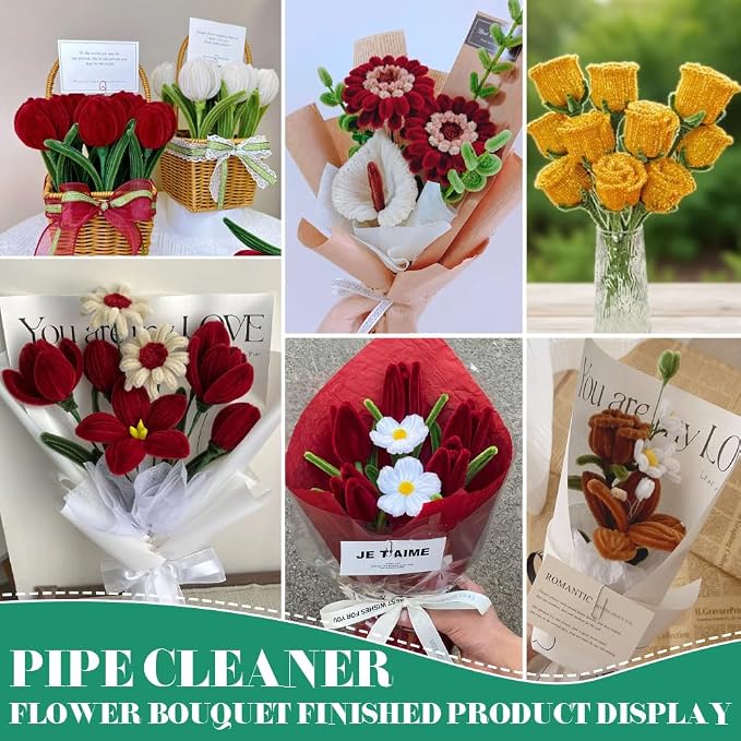 520Pcs Red Green White Pipe Cleaners Craft Kit, 5 Colors Glitter Chenille Stems Kit with Wires, Tape, Glue Sticks and Card, DIY Supplies for Christmas, Wedding, Graduation Gifts, Holiday Party Crafts