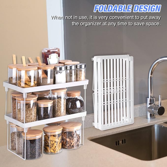 NiHome 4-Pack Stackable Plastic Kitchen Storage Shelf Foldable Rack, White | Stackable Kitchen Cabinet Organizer and Storage Shelves, Expandable Storage Racks for Counter Cabinet Pantry