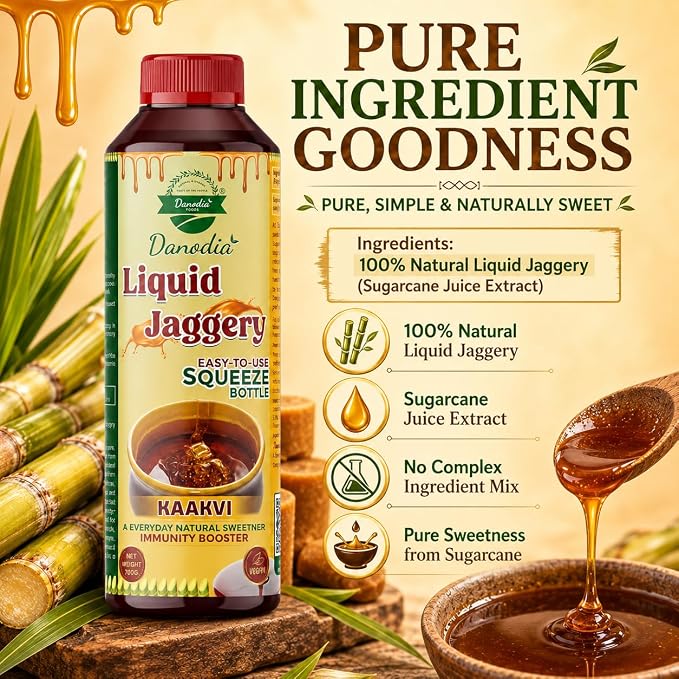 Danodia Foods Organic Liquid Jaggery Syrup, Gur Sweetener, 350g, Gur Cane | Pourable sugarcane sweetener for tea, coffee, baking, desserts, sauces, cooking and daily recipes; no preservatives used