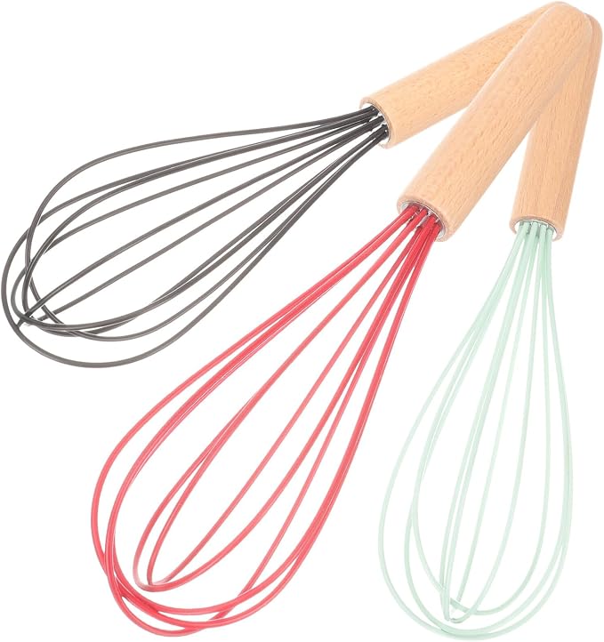 Ipetboom 3Pcs Portable Egg Whisk with Ergonomic Beech Handles Silicone-coated Hand Mixers for Fast Egg Mixing Baking and Kitchen Use in Black Red Dark Green
