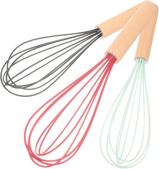 Ipetboom 3Pcs Portable Egg Whisk with Ergonomic Beech Handles Silicone-coated Hand Mixers for Fast Egg Mixing Baking and Kitchen Use in Black Red Dark Green