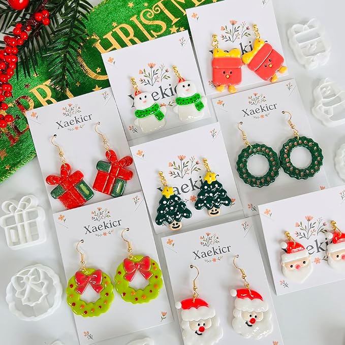 Xaekicr Christmas Polymer Clay Cutters Set – 8 Pcs Holiday Clay Earring Cutters for DIY Jewelry Making, Santa Tree Wreath Gifts – Clay Tools for Polymer Clay Molds Projects