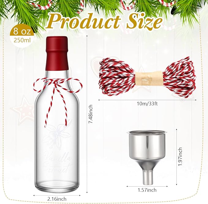 Reallnaive 12 Sets Vanilla Extract Bottles Sets 8 oz Clear Glass Bottles with Tags and Twine and Funnel for Home Brewing Wedding Baby Shower Party Favors