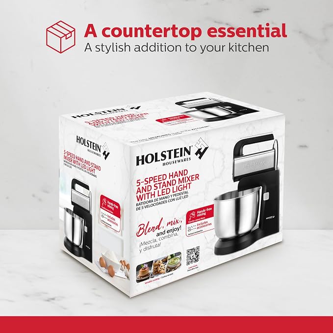 Holstein Housewares 5-Speed Hand and Stand Mixer, 250W Power with LED Light, Black and Stainless Steel – Versatile Mixer for Baking, Whipping, and More