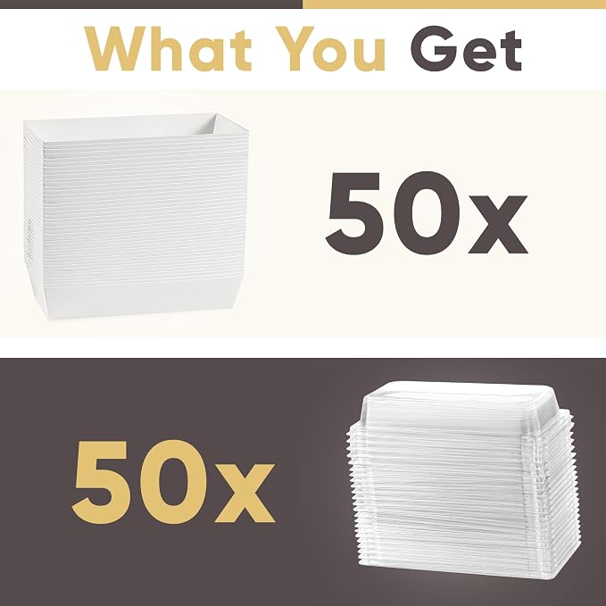 50 Pack 7.5x3.3 Inches Small Charcuterie Boxes with Clear Lids - To Go Paper Mini Treat Box, Charcuterie Boards Accessories, Dessert Boxes, Cookie, Cake Slice, Chocolate Strawberry, Donut (White)