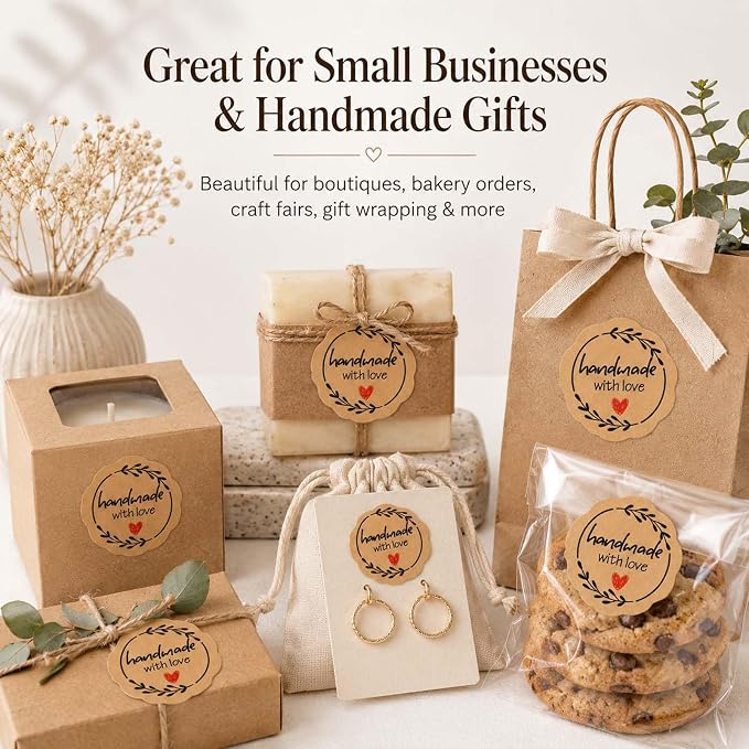 100 x Handmade with Love Stickers, Kraft Paper Bakery Stickers for Small Business Packaging, Rustic Handmade Gift Seals for Baked with Love Treat Bags, Wedding Favor Bags & Thank You Envelopes, 1.77''