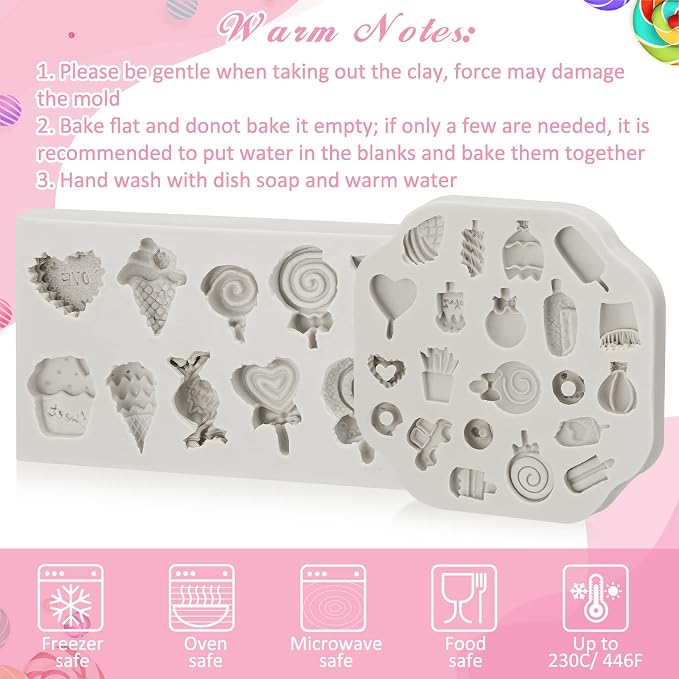 2 Pcs Sweets Polymer Clay Molds for Jewelry Making Candy Shape Ice Cream Lollipop Donut Chips Miniature Polymer Clay Molds Earrings Decoration