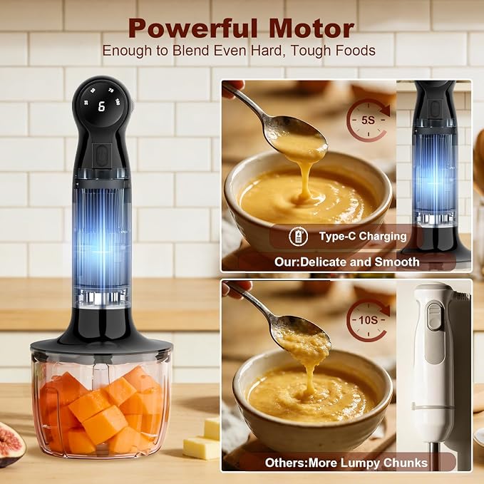 Cordless Immersion Blender Hand Blenders Set,Variable Speed 4 in 1 Stick Emulsifier with Chopper and Whisk for Soup, Baby Food and Smoothies (Black)