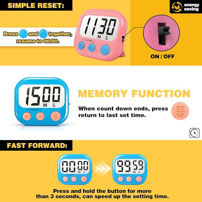 2 Pack Classroom Timers for Teachers Kids Large Magnetic Digital Timer Blue Pink