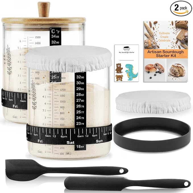 SheeChung 50oz Sourdough Starter Jar, Wide Mouth Sourdough Jar Glass, Bamboo Lid, Cloth Cover, Date Tracker, Scraper, Sourdough Starter Kit, Fermentation Jars, Sour Dough Bread Baking Supplies, 2 Pack