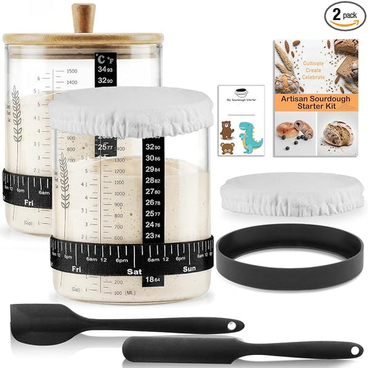 SheeChung 50oz Sourdough Starter Jar, Wide Mouth Sourdough Jar Glass, Bamboo Lid, Cloth Cover, Date Tracker, Scraper, Sourdough Starter Kit, Fermentation Jars, Sour Dough Bread Baking Supplies, 2 Pack