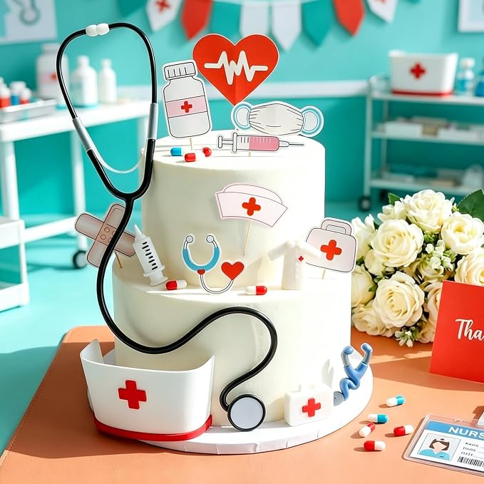 Hooqict 27Pcs Nurse Graduation Cake Decorations Set with Mini Cap, Medical Kit, Medicine, Nurse Cake Toppers & Cupcake Toppers for Medical Birthday Decorations Nursing Graduation Party Supplies