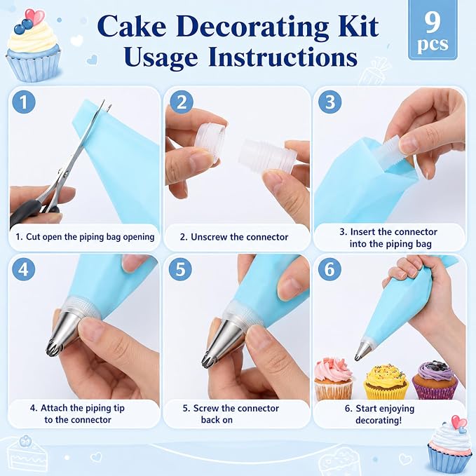 Piping Tip Set, Cake Decorating Tips, Ruffle Piping Tips, Seamless Stainless Steel, Pleated Skirt Piping-Nozzles Set for Cake Cupcakes Cookies, 9 Pieces