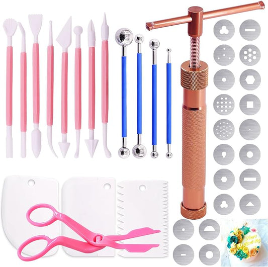 Keadic 37Pcs Rose Gold Clay Fondant Extruder Cake Decorating Supplies Sugar Modeling Tool Set, Clay Extruder Gun with 20 Tips Sugar Extruder Disks & Ball Stylus Dotting Tool