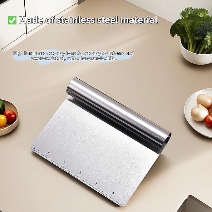 5.9" Professional Stainless Steel Dough Scraper and Bench Knife with Measurement Scale, Multi-Purpose Pastry Cutter for Baking, Pizza, Grill, Dough, Vegetables