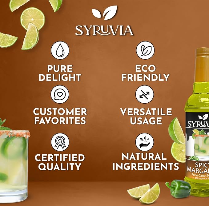 Syruvia Spicy Margarita Syrup, Flavored Syrup for Cocktails, Drinks, Lemonades, Iced Teas, and Desserts – 25.4 fl oz - with Pump