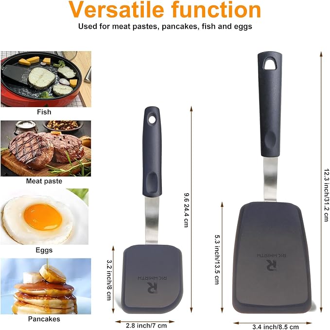 Silicone Spatula Set of 2 – 600°F Heat Resistant, Non-Scratch & BPA-Free Flexible Turners with Hanging Hole for Easy Storage, Ideal Cooking Spatulas for Eggs, Pancakes & Burgers, Black