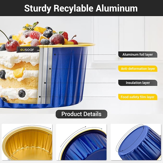 EUSOAR Disposable Ramekins with Lids, Royal Blue 50pcs 5oz Creme Brulee Ramekins Disposable, Muffin Liners Cups Oven Safe Mini Cheesecake Foil Pans Dessert Containers for Party Favor Birthday