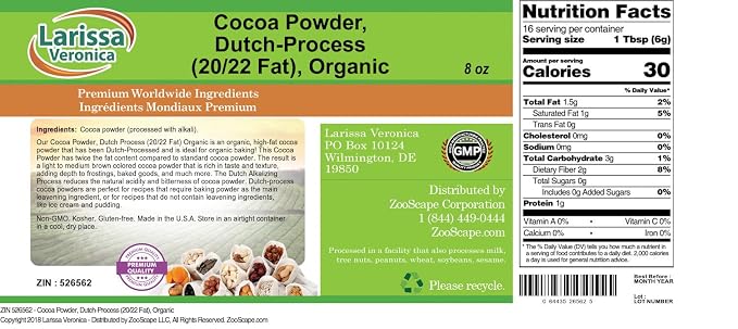 Cocoa Powder, Dutch-Process (20/22 Fat), Organic (8 oz, ZIN: 526562) - 3 Pack