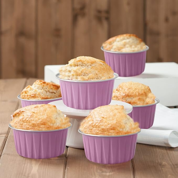 100Pcs Aluminum Cups with Lids,5oz Disposable Ramekin Baking Cups Muffin Liners Mini Pie Pans Foil Cupcake Containers for Christmas Party Wedding,Pink