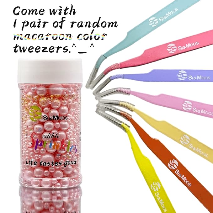 SE Si&Moos Pink Edible Pearls Baby Pink Pearl Sprinkles for Cake Decorating Edible Cake Sugar Pearls Halloween Christmas Cookie Decorations Edible Baby Shower Cake Decorations for Cakes,Cupcakes Toppers 3.5 OZ with Tweezers