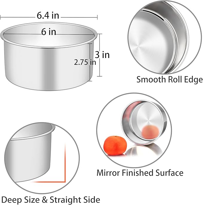 TeamFar 6 Inch Cake Pan, 6” x 3” Deep Round Cake Pan Tier Baking Tins Set Stainless Steel, For Baking Steaming Serving, Healthy & Toxic Free, Deep & Straight Size, Oven & Dishwasher Safe - Set of 2