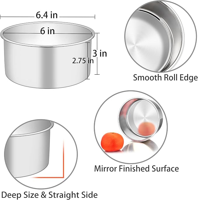 TeamFar 6 Inch Cake Pan Set of 3, 6” x 3” Round Cake Pan Deep Tier Baking Tins Stainless Steel, For Birthday Wedding Party, Healthy & Toxic Free, Deep & Straight Size, Oven & Dishwasher Safe
