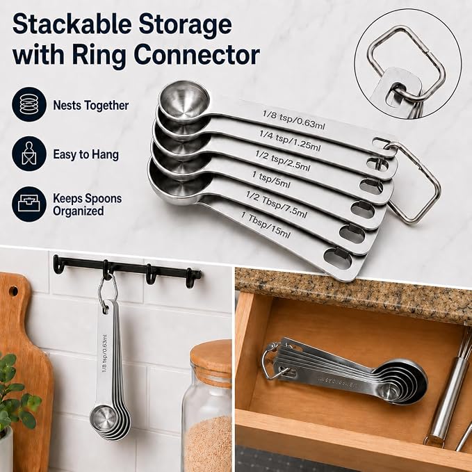 Stainless Steel Measuring Spoons Set of 6, Metal Measuring Spoons with Engraved US & Metric Measurements, Stackable with Ring Connector, Dishwasher Safe for Baking & Cooking