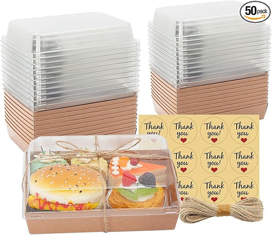 7x5x2.5 Charcuterie Boxes with Clear Lids, Large Disposable Bakery Dessert Boxes, Bakery Take Out Containers, To Go Food Container for Chocolate, Sandwich, Cookie, Cupcake, Pastries (50, Brown)