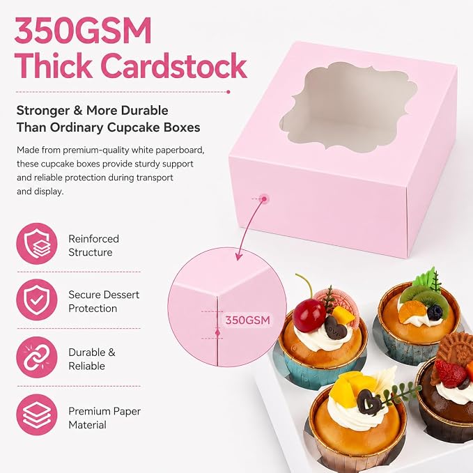 Cupcake Boxes with Window, 20 Pack 6.5x6.5x3 Inch Bakery Boxes for 4 Cupcakes, Muffins, Cookies & Pastries, Disposable Dessert Boxes with Insert Holder (Pink)