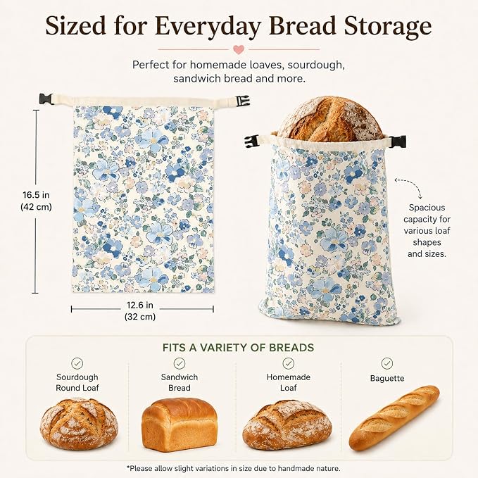 Bread Bags for Homemade, Natural Beeswax Bread Bag 2 Pack XL 13x17 Inch, Reusable Organic Cotton Linen Storage Bags, Beeswax Bread Bags for Sourdough, Keeps Bread Fresh Longer (Little Blue Flower)