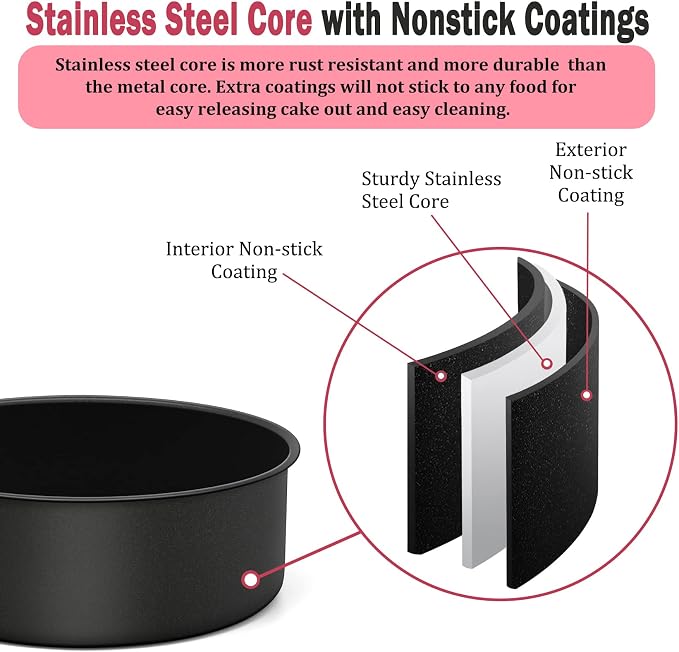P&P CHEF 8 Inch Cake Pan, Nonstick Round Baking Layer Cake Pans Tins Set for Birthday Wedding, 2.94-Inch Deep Side & One-piece Design, Stainless Steel Core & Easy Clean, Black 4Pcs