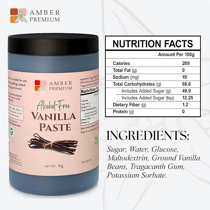 Amber Premium Alcohol Free Vanilla Bean Paste 1 kg / 27 fl oz (US) - Made with Authentic Madagascar Vanilla Beans - Vegan, Kosher, Chef Recommended for Baking, Desserts, and Pastries
