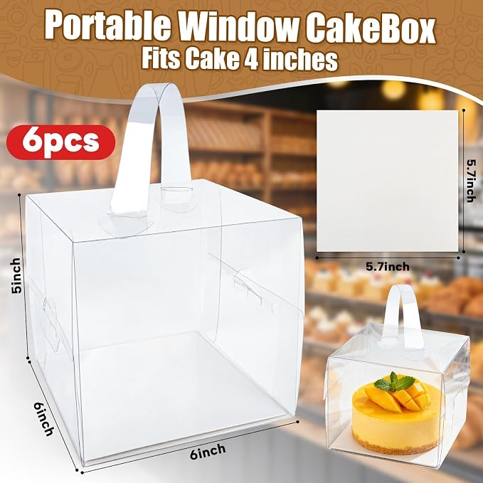 6PCS 6x6x5Inch Clear Cake Boxes - RAINFLOW Mini Clear Gift Box with Portable Carry Handle & Boards,Transparent Treat Boxes Hold Cake,Donut,Pastries,Cookies for Wedding, Birthday, Christmas, Party