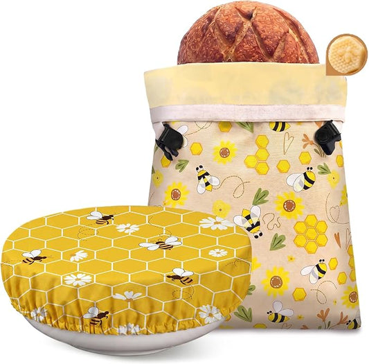 2 Pack Reusable Beeswax Bread Bags for Homemade Sourdough XL 17x13 Inch Beeswax Bread Bags for Storage Large Linen Bowl Cover Keeping Fresh Longer Safe Storage(Bee)