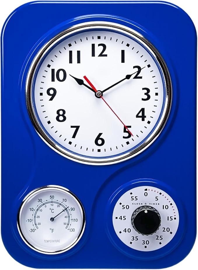 Lily's Home - 9 Inch x 12.5 Inch- Retro Kitchen Wall Clock, Vintage Wall Clock with a Thermometer and 60-Minute Timer, Ideal for Any Kitchen, Office, or Diner (Dark Blue)