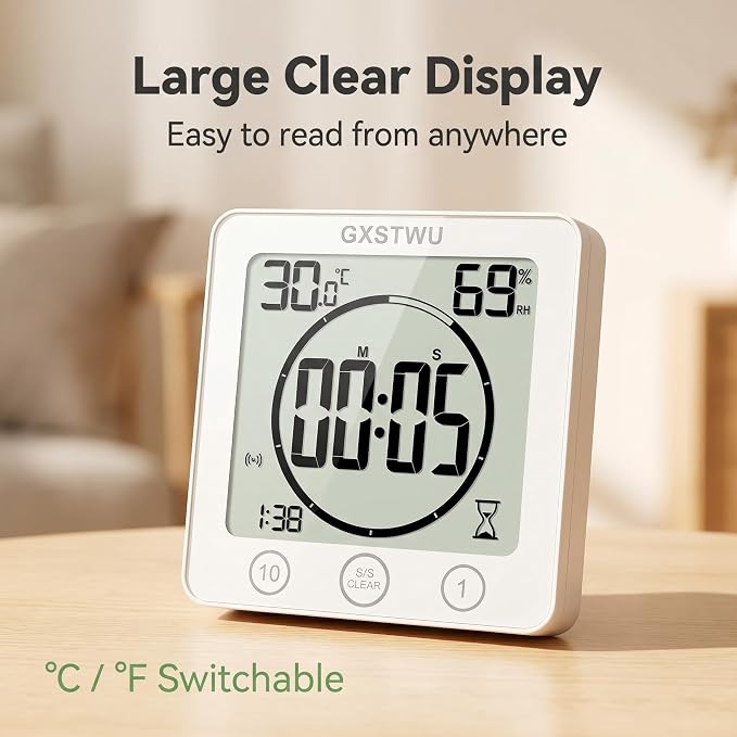 2Pcs Digital Shower Clock, Bathroom Timer Clock, Waterproof for Water Spray, Count Up Count Down Alarm, Touch Screen Timer, Temperature Humidity, Wall Clock Magnet, Suction Cup, Stand (2packs)