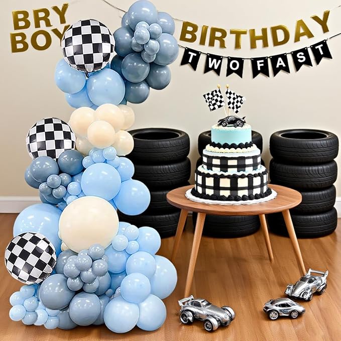 Race Car Balloons Garland Arch Kit,100PCS Macaron Blue Smoke Blue Balloon Arch Kit with Checkered Foil Balloon for Car Fast Birthday Celebration Party Festival Day Decorations