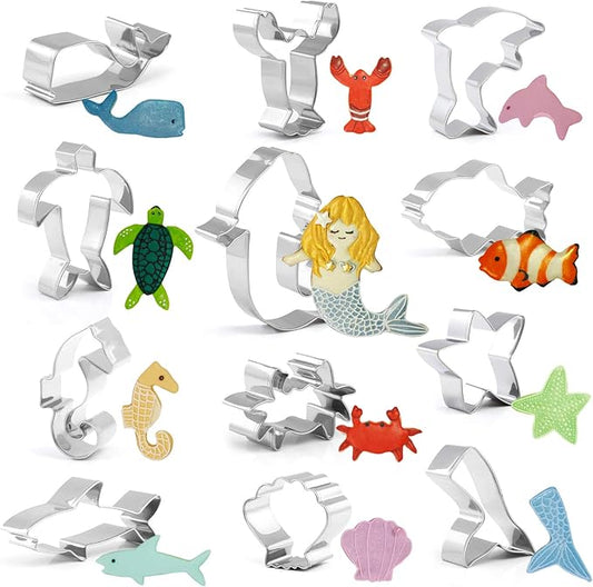 GWHOLE Sea Creature Cookie Cutters Variety Pack, Stainless Steel, 12PCS | Ocean Animal Design, For Kids Birthday Holiday Themed Party, Include Meramid, Fish Shark, Seashell, 1.6-4.3 Inch