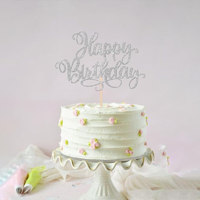 ZHUOWEISM 1 PCS Happy Birthday Cake Topper Glitter Happy Birthday Cake Pick for Celebrating Happy Birthday Anniversary Party Cake Decorations Supplies Silver