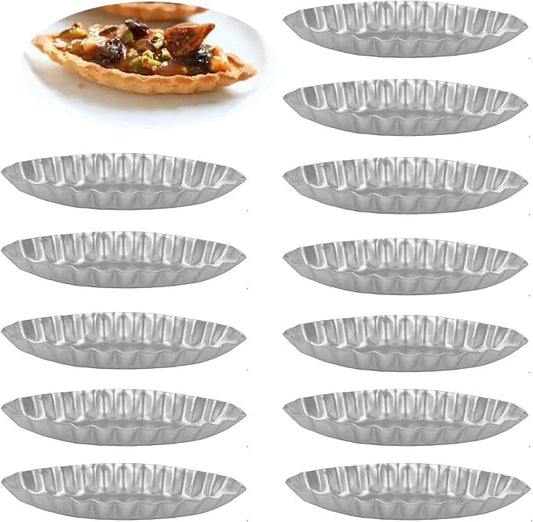 12Pcs 4.72 Inch Aluminum Fluted Boat Tart Pan, Mini Oval Tartlet Mold for Egg Tarts, Quiches, Cheesecakes, Wavy Tartlet, Fruit Tats - Silver