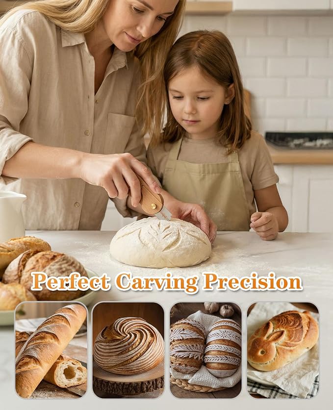Bread Lame Dough Scoring Tool with Extractable & Magnetic, Wooden Sourdough Scoring Tool with 5 Retractable Razor Blades, Professional & Multi-Purpose Bread Knife Slashing Supplies for Baking