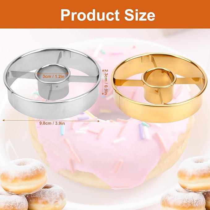 2pcs Professional Donut Cutter with Central Hole, 9.8cm/3.9in Stainless Steel Doughnut Mold Tool for Perfect Donuts Bagels Cookies Biscuits Baking & Pastry Making (Silver and Gold)