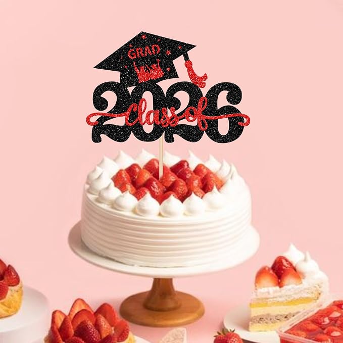 1 Pack Class of 2026 Cake Topper Glitter Congrats Grad Cap 2026 Graduation Cake Pick Decoration for 2026 Graduation Theme High School Graduate Party Cake Decorations Supplies Black Red