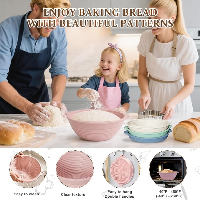 4Pcs Silicone Bread Proofing Basket, 9" Collapsible Sourdough Banneton with Dual Handles, Non-Stick Round Dough Proofing & Baking Bowl, Easy Clean, Oven Safe, BPA Free