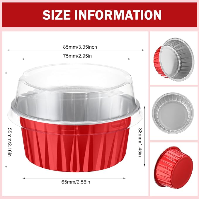 200 Pack Aluminum Foil Cupcake Liners with Lids, 5 oz Round Baking Cup, Disposable Ramekin Container for Graduation Wedding Independence Day Party(Red,Plain)