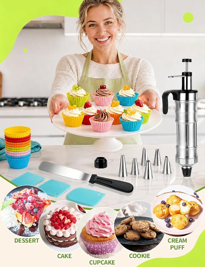 Dessert Decorating Syringe Set, Stainless Steel Cake Decorating Kit with Icing Piping Bags and Tips Set, Reusable Frosting Piping Kit for Cupcake, Cookie and Pastry Baking Supplies
