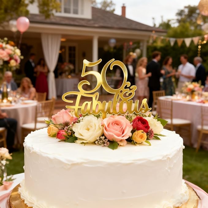 1PCS 50 Fabulous Cake Topper, Gold Acrylic Fifty Birthday Cake Decoration Cake Pick for 50th Anniversary Party Decoration Supplies (50)